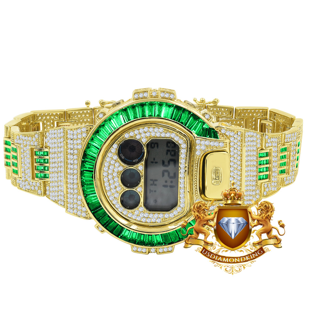 Pre-owned Usdiamondking Baguette Green Emerald Gold Finish Casio Shock Authentic Dw-6900 Custom Watch