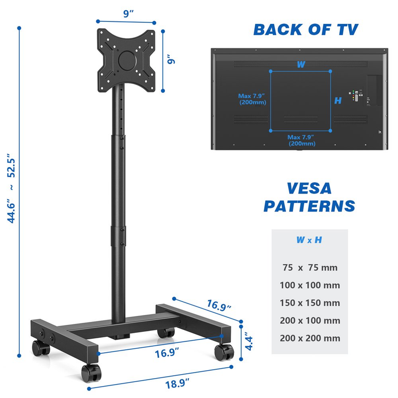 Modern Rolling Portable TV Stand for 13 - 50 In TVs Adjustable Height & Wheels
