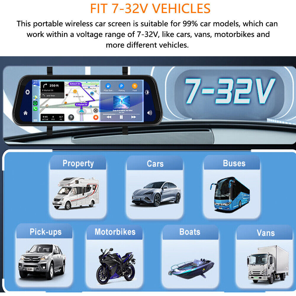 9.66" Car Dash Cam Wireless Apple CarPlay Android Auto Dual Front & Rear Camera