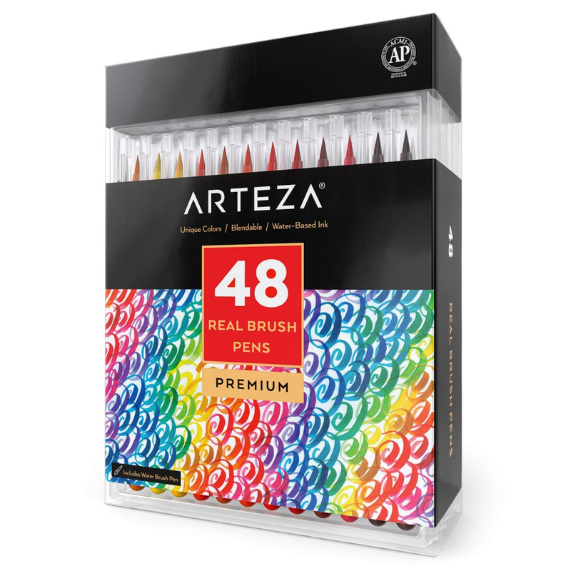 Arteza Real Brush Pens, 48 Colors for Watercolor Painting with Flexible Nylon Ti