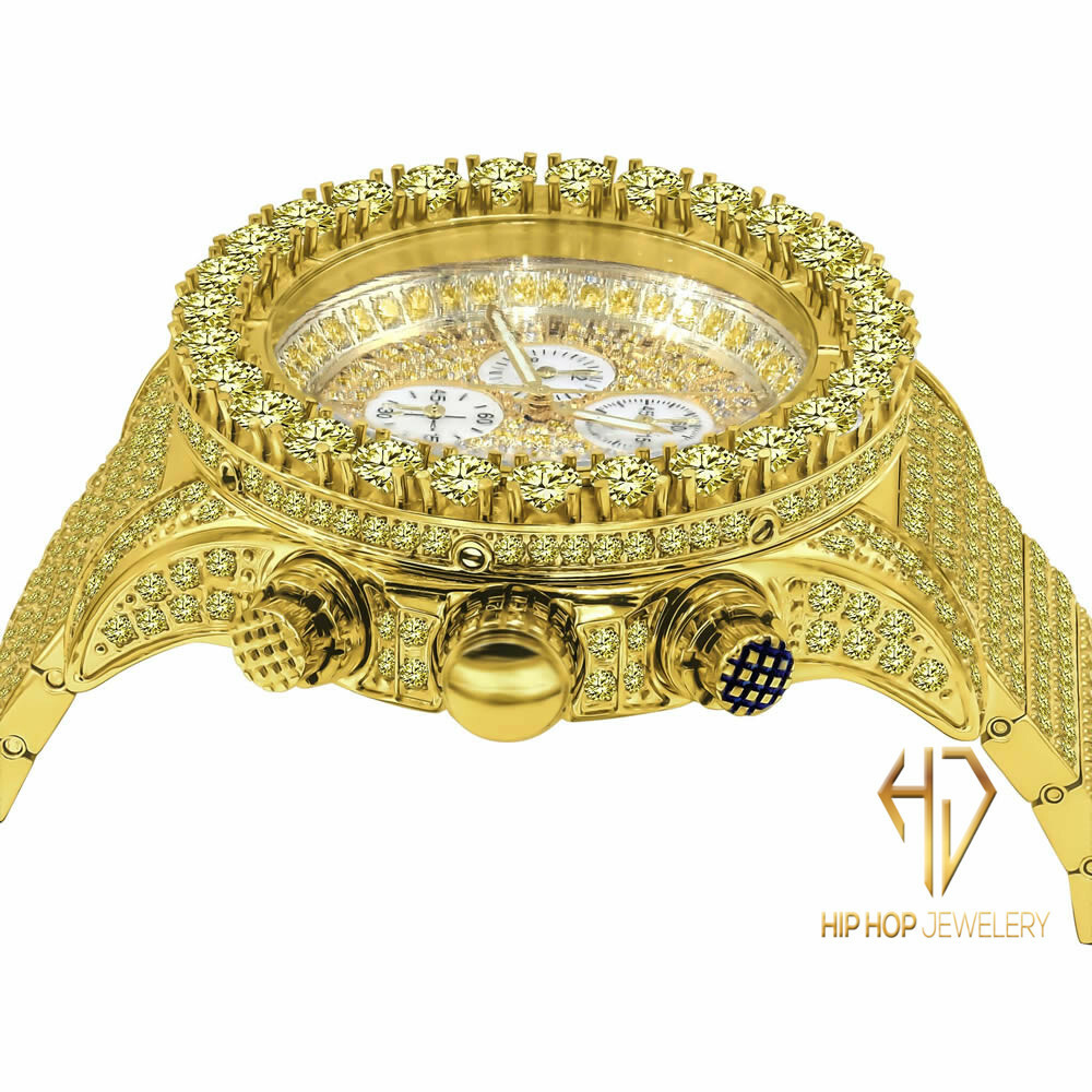 Pre-owned Blingmaster Men's Solid Stainless Steel Canary Gold Tone Finish Simulated Diamond Watch 48mm