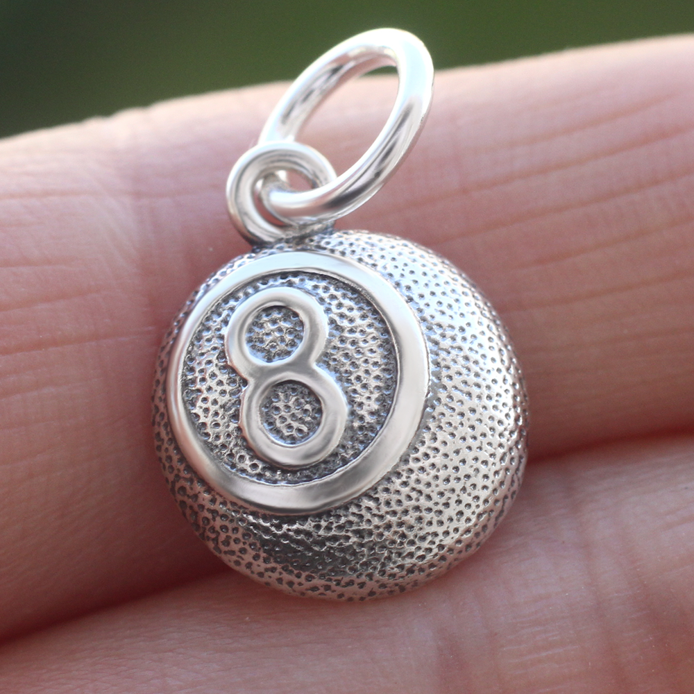 Billiard Pool Pendant Charm 925 Sterling Silver 8 Black Eight Ball For Necklace