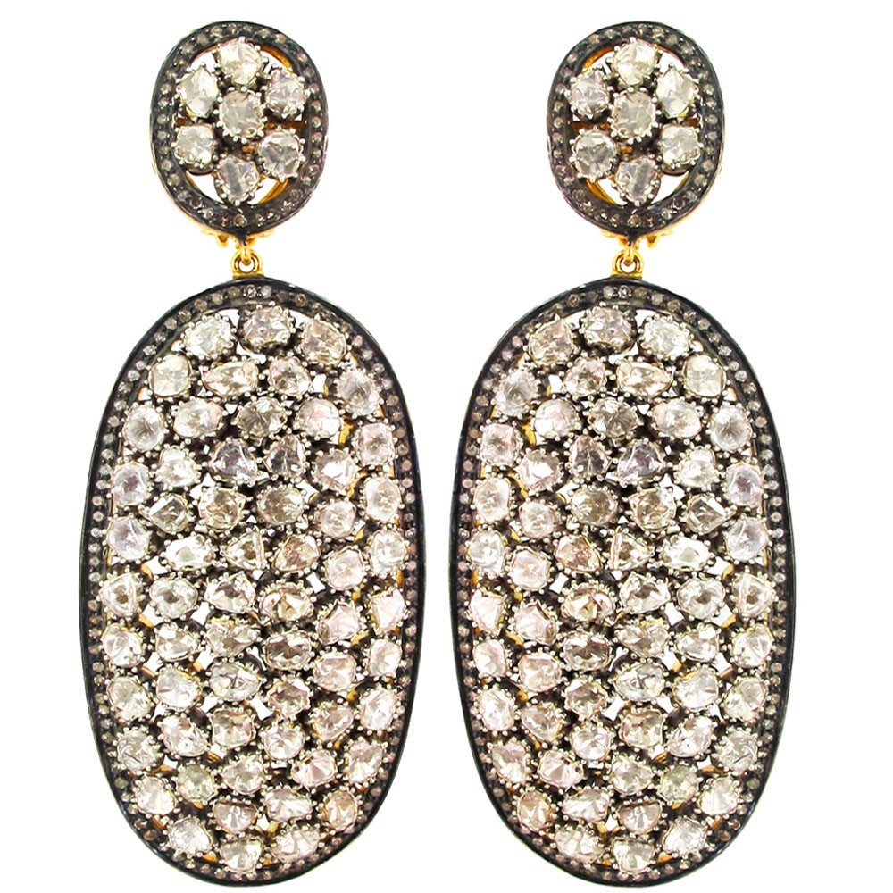 Real Polki Pave Diamond 925 Solid Silver Handmade Earrings Vintage Fine Jewelry