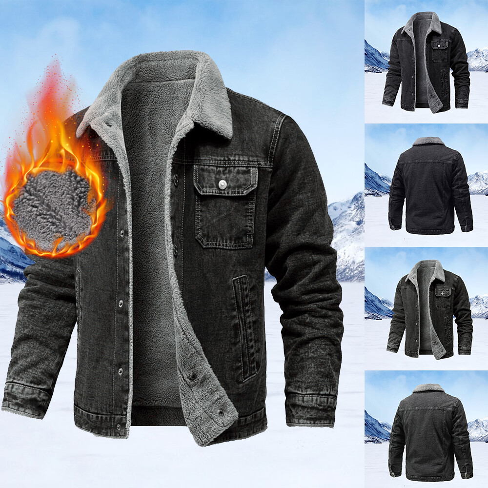 Men Denim Jacket Thick Fleece Lined Jacket Coat Outwear Warm Winter Outdoor US