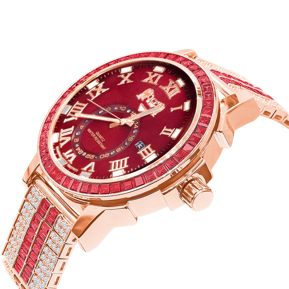 Pre-owned Ice House Icy Red Baguette Rose Gold Tone Red Face Dial Custom Band Luxury Watch