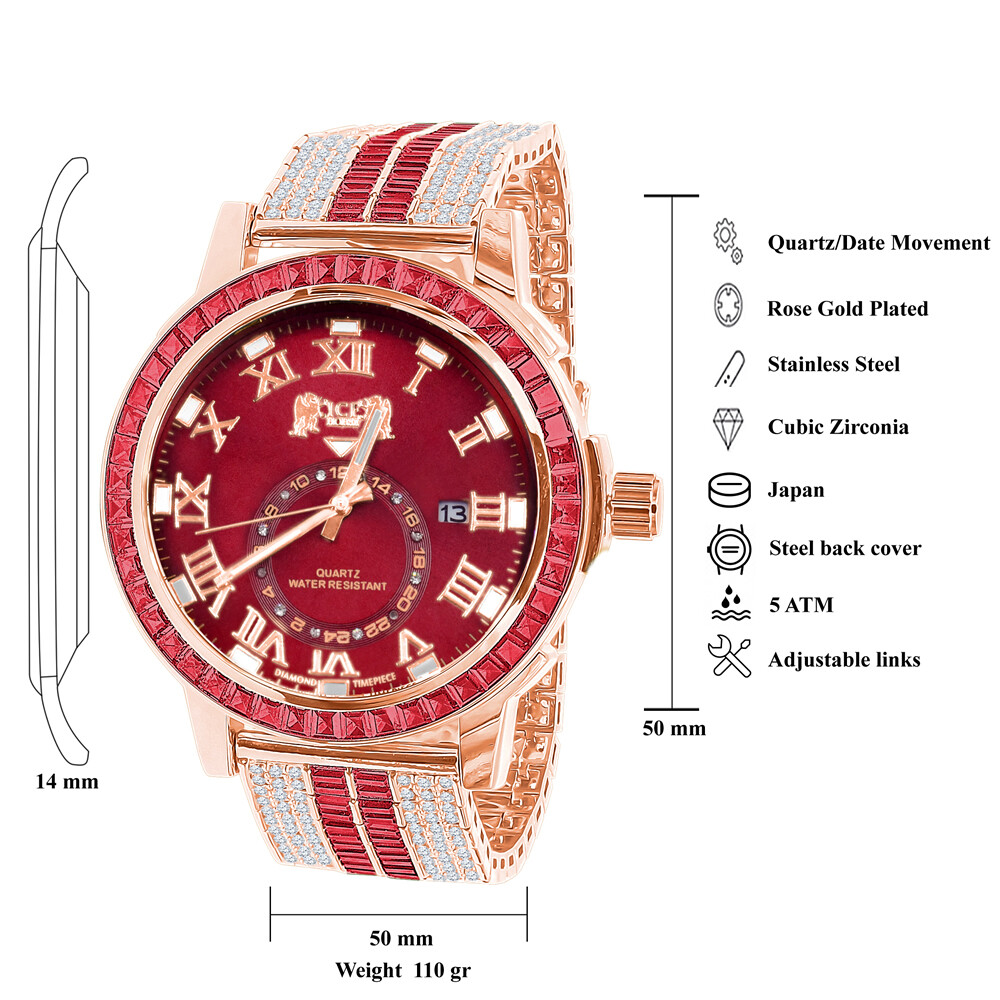 Pre-owned Ice House Icy Red Baguette Rose Gold Tone Red Face Dial Custom Band Luxury Watch