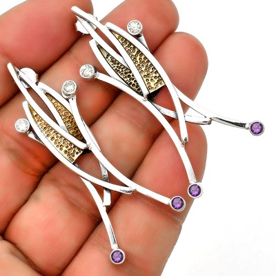 Two Tone Unique Design Amethyst & White Zircon 925 Silver Earrings E-1141