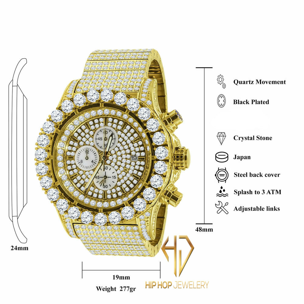 Pre-owned Blingmaster Men's Solid Stainless Steel Yellow Gold Tone Simulated Diamond Custom Watch 48mm