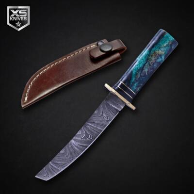 6" KATANA Style DAMASCUS STEEL Fixed Blade Handmade Knife Resin Handle w/ Sheath