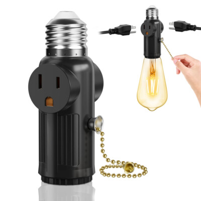 3 Outlet Light Socket Adapter E26 Bulb Socket to Outlet Splitter with Pull Chain