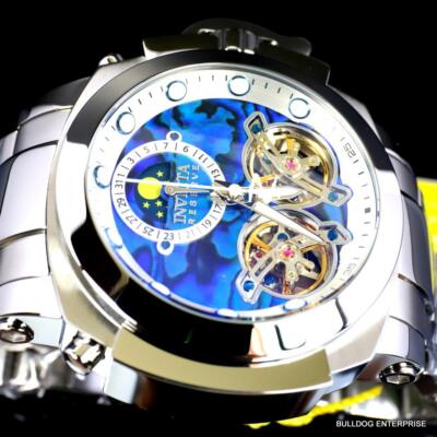 Pre-owned Invicta Man Of War Double Open Heart Automatic Moon Blue Abalone Watch