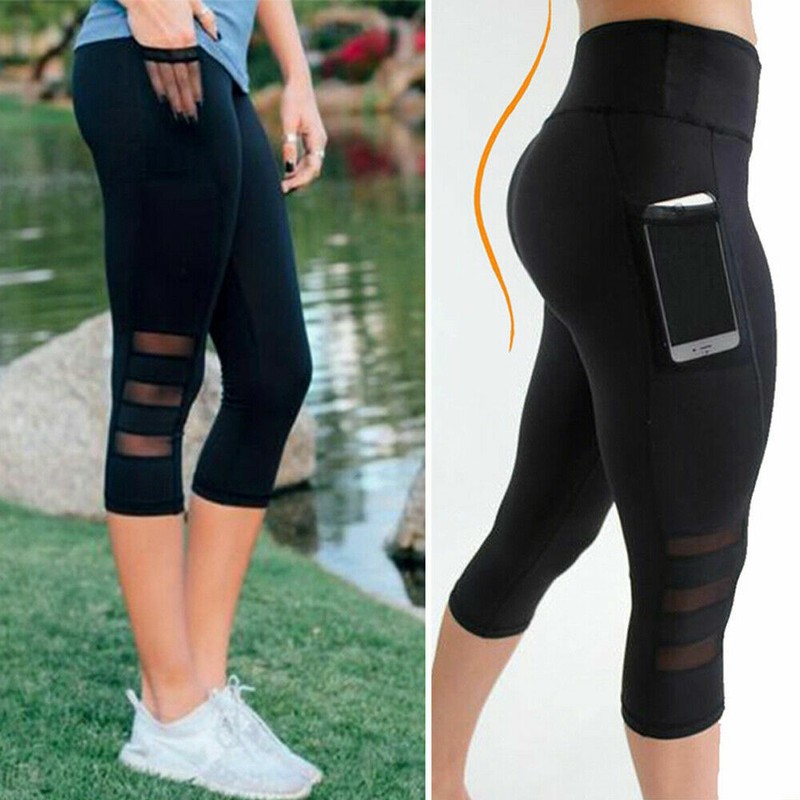 UK Womens High Waisted Capris Yoga Pants Pocket Workout 3