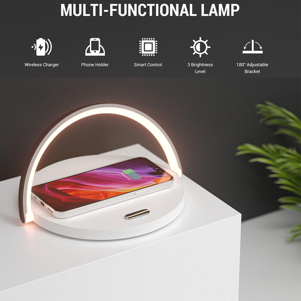 15W Wireless Charger with Touch Desk Lamp FM Radio-Bluetooth Speaker-Alarm Clock