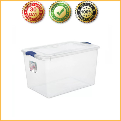Stackable Plastic Tote Box Storage Containers Bin 66 Quart, Blue Latches, 1 Pack