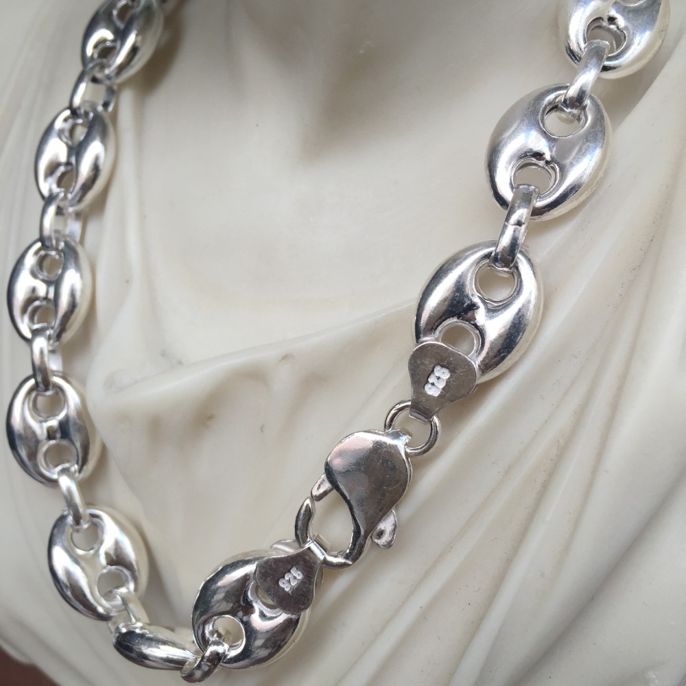 Pre-owned Handmade 14mm Hollow Puffed Marina Link Chain Necklaces 925 Silver Sterling 28inch 71gr