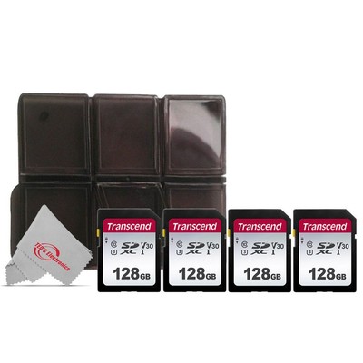 Four Pack Transcend SDXC 128GB UHS -I U3 300s V30 Class 10 with Card Holder