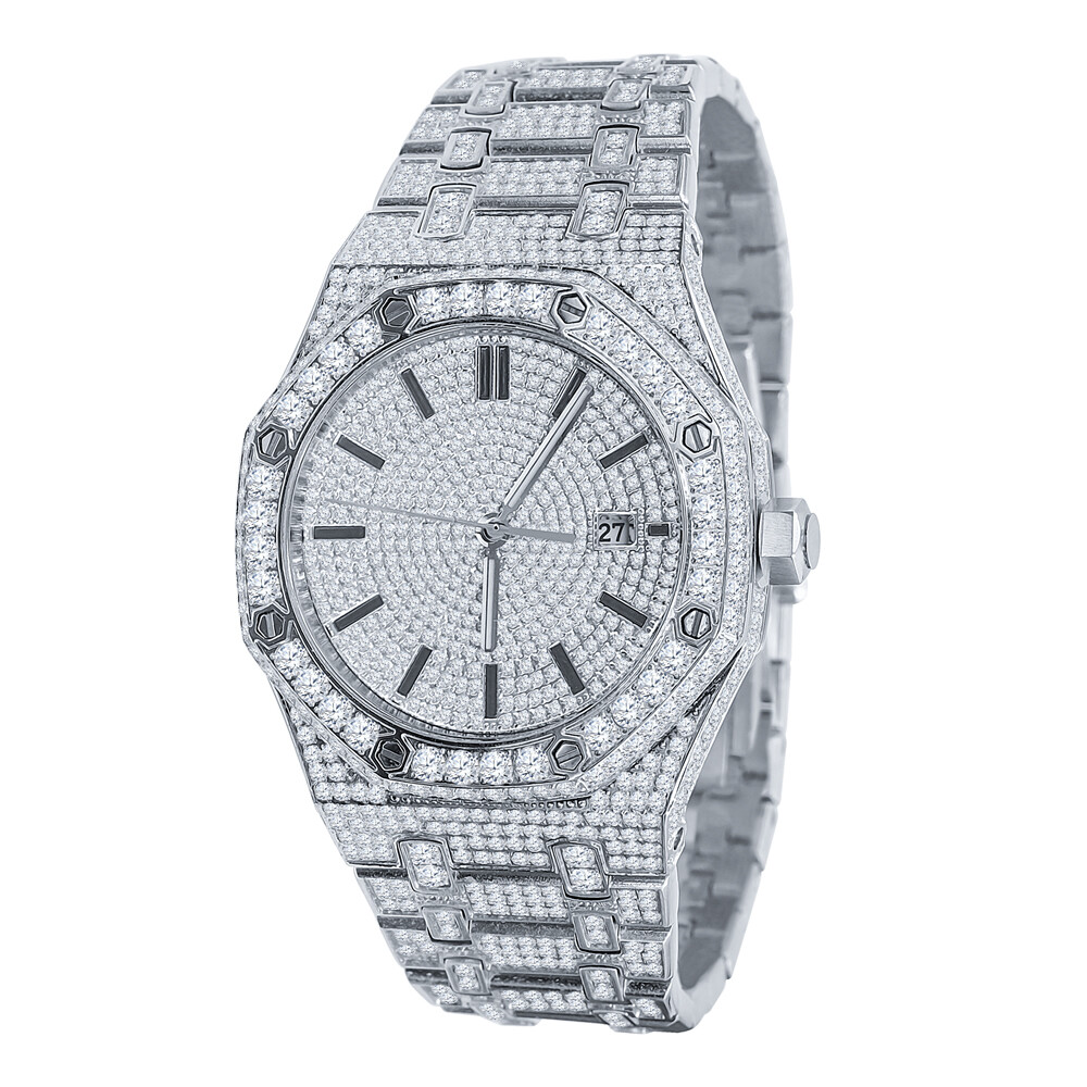 Pre-owned Bling Master Men's Full Steel Baguette Yellow Gold Tone Finish Simulated Diamond 42 Mm Watch