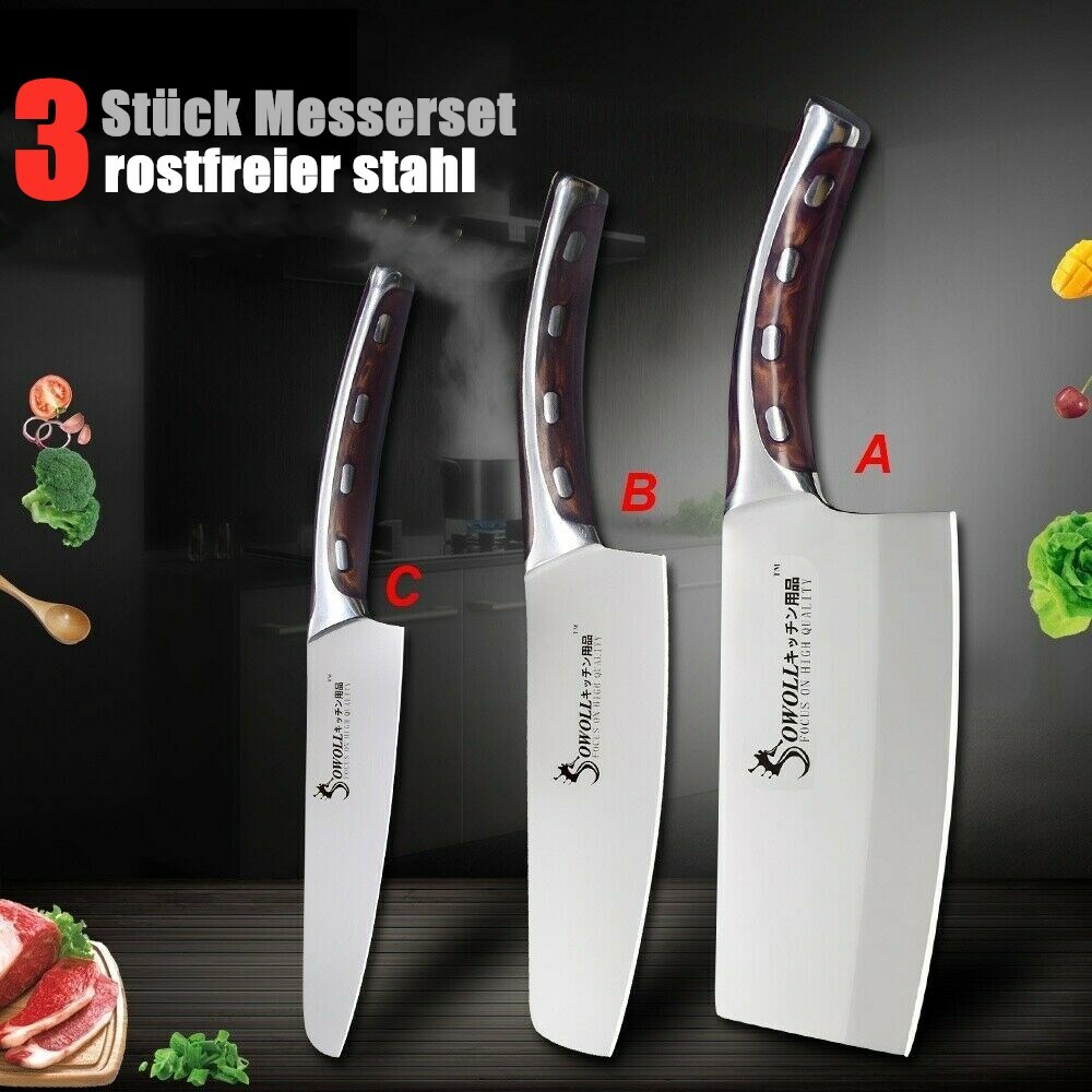 3er Küchenmesser Set Professionelles rostfreier Stahl Chef Scharfe Hackmesser