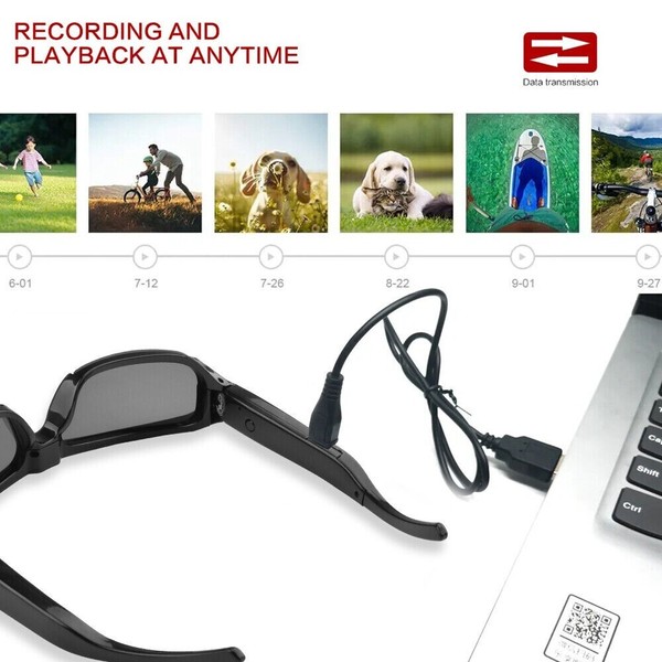 Wearable camera glasses with USB cable for data transfer.