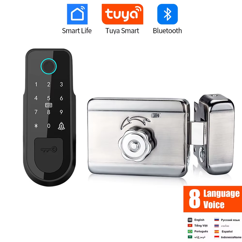 Bluetooth Tuya App Fingerprint Smart Door Lock Gate Password RFID Card Rim Bolt