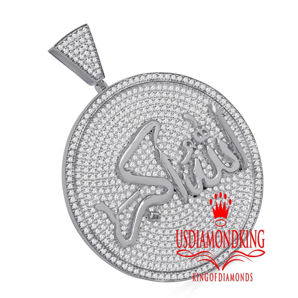 Pre-owned Us Diamond King Mens 10k White Gold On Silver Big 3'' Allau Akber Pendent Medallion Allah Charm