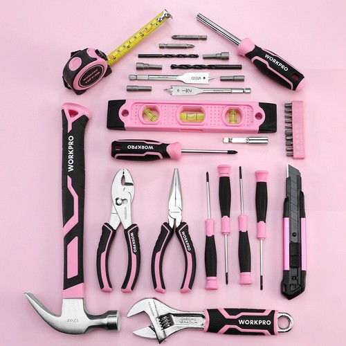 20V Pink Cordless Drill Driver &Home Tool Set 141PCS Hand Tool Kit 2Ah Battery