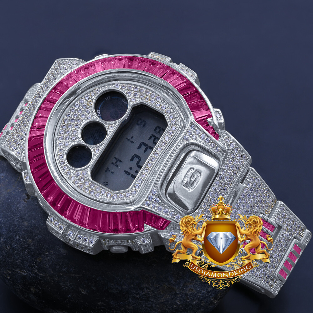 Pre-owned Usdiamondking Baguette Pink Tourmaline White Gold Casio Shock Authentic Dw-6900 Custom Watch