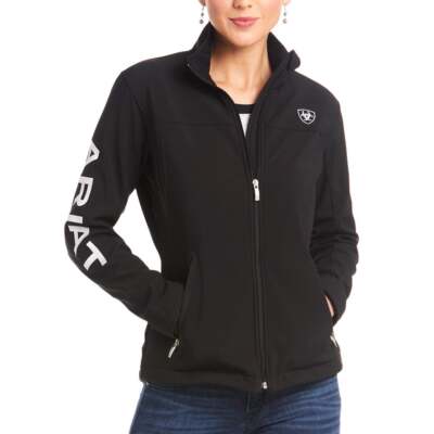 

Ariat New Team Softshell Full Zip Jacket Женская черная повседневная спортивная верхняя одежда, Черный, Ariat New Team Softshell Full Zip Jacket