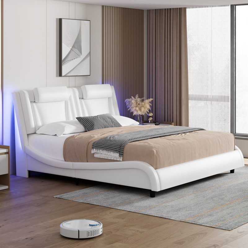 Upholstered Bed Frame Modern LED Lights Wave Curved PU Leather Headboard King