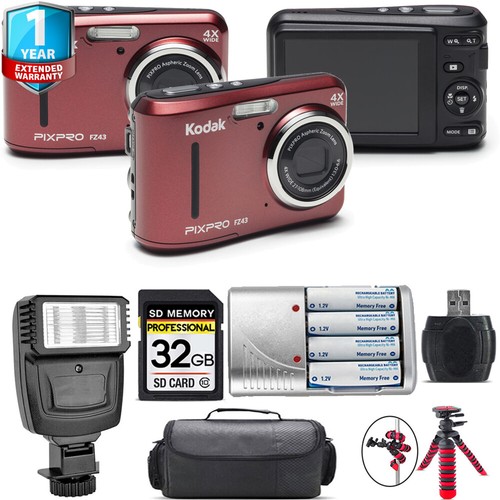 Kodak PIXPRO FZ43 Digital Camera (Red) + Extra Battery +1 Yr