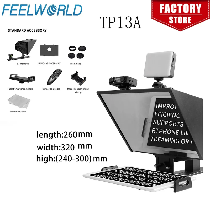TP13A Portable 13 Inch Teleprompter Supports Under 13" DSLR Shooting Smartphone/