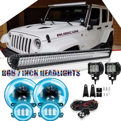 RGB 7/" Led Halo Headlights+Fog Lamps+52/" Light Bar Combo Kit For Jeep Wrangler