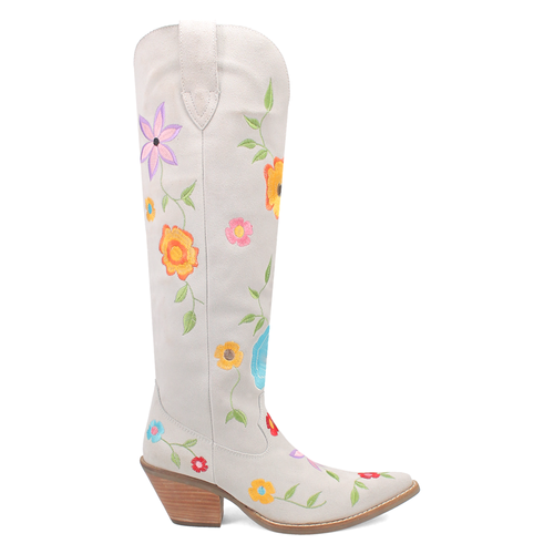 Pre-owned Dingo Flower Power Embroidered Floral Snip Toe Cowboy Womens White Casual Boots