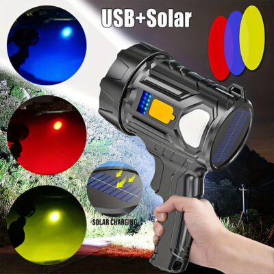 9000000LM Solar/USB LED Searchlight Rechargeable Spotlight Handheld Flashlight
