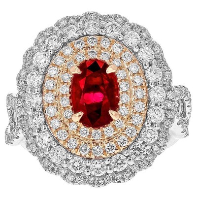Gold & Diamond Source JULEVE 18KT TWO TONE OVAL RUBY & DIAMOND HALO RING 1.53 4