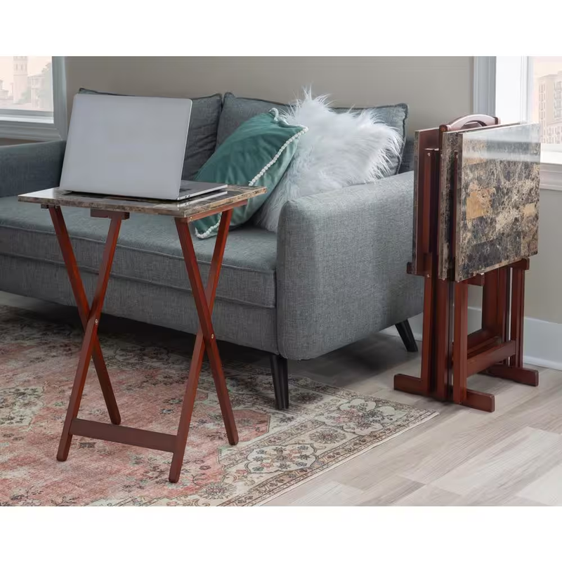 TV Dinner Tray Set Of 4 Faux Marble With Stand Wood Folding Living Room Table
