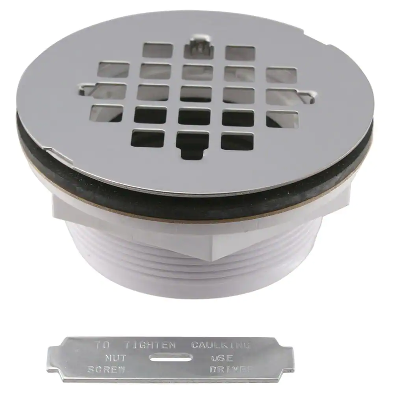 Shower Drain PVC 2 Inch No Caulk Compression Chrome Grid Cover Round Bathroom
