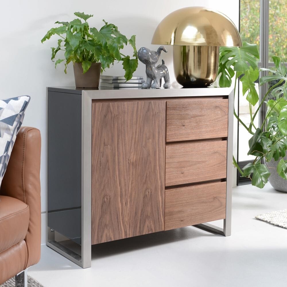 Dwell Nova Sideboard Walnut, Black Gloss and Brushed Steel in