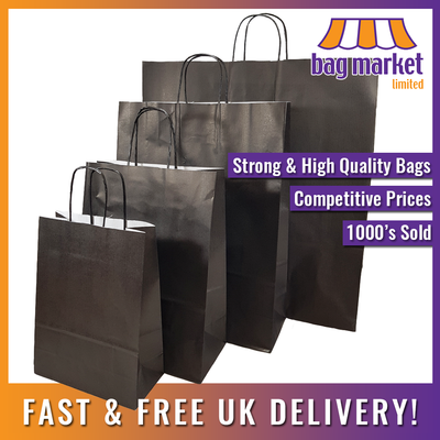 Strong Black Twisted Handle Ribbed Paper Carrier Bags Kraft Gift Party Shop