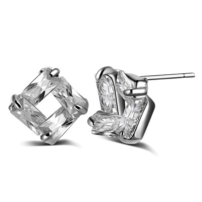 Korean earings Womens Hollow White Gold Filled Rhinestone Square Stud Earrings