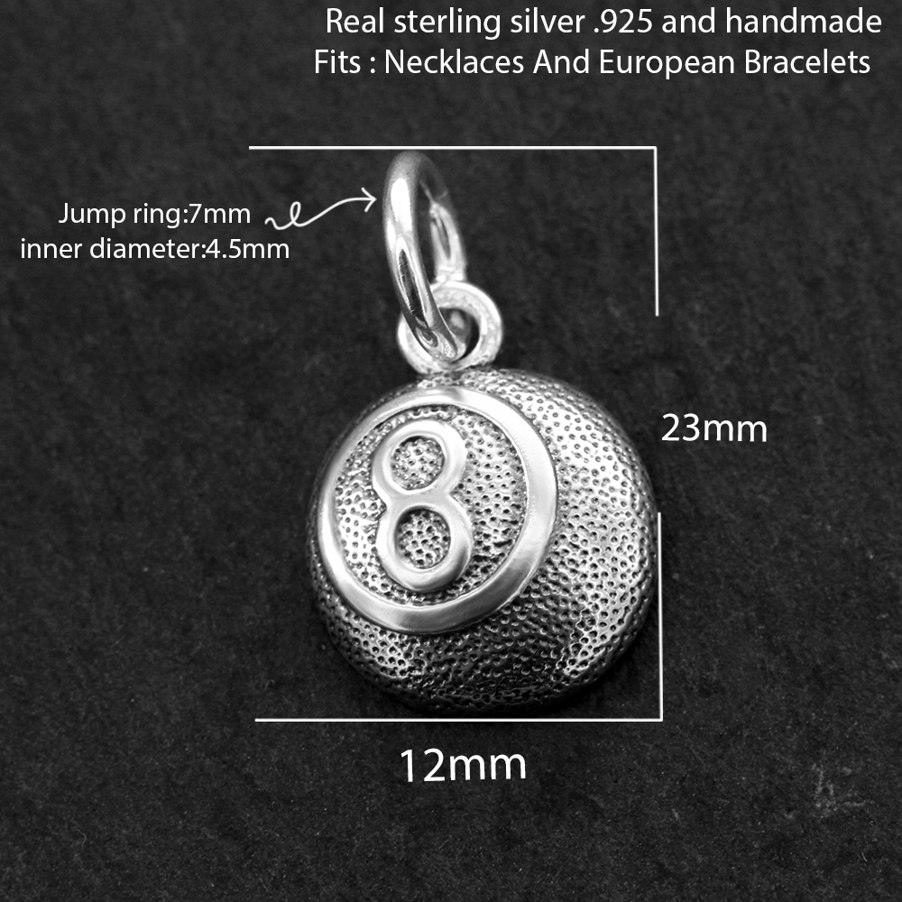 Billiard Pool Pendant Charm 925 Sterling Silver 8 Black Eight Ball For Necklace