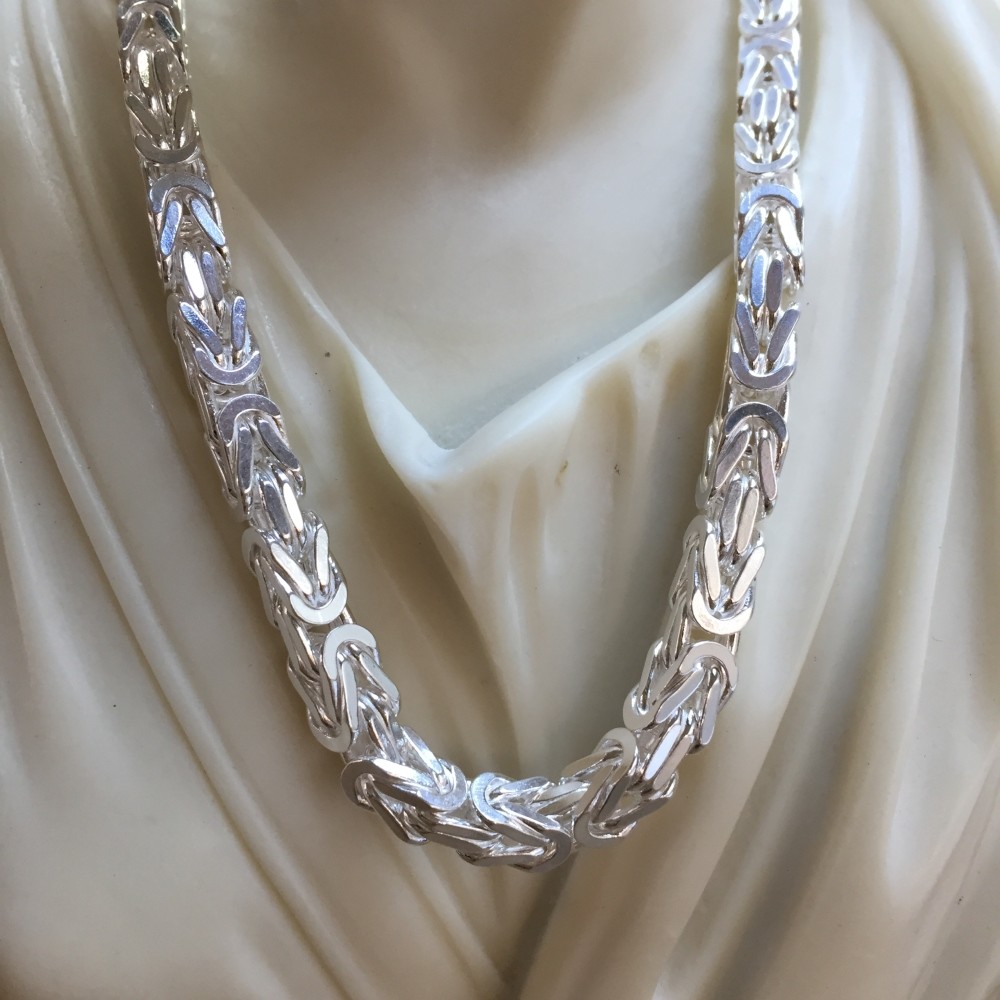 Pre-owned Handmade Mens Square King Byzantine Chain Necklace 7mm 174gr 27" 925 Sterling Silver