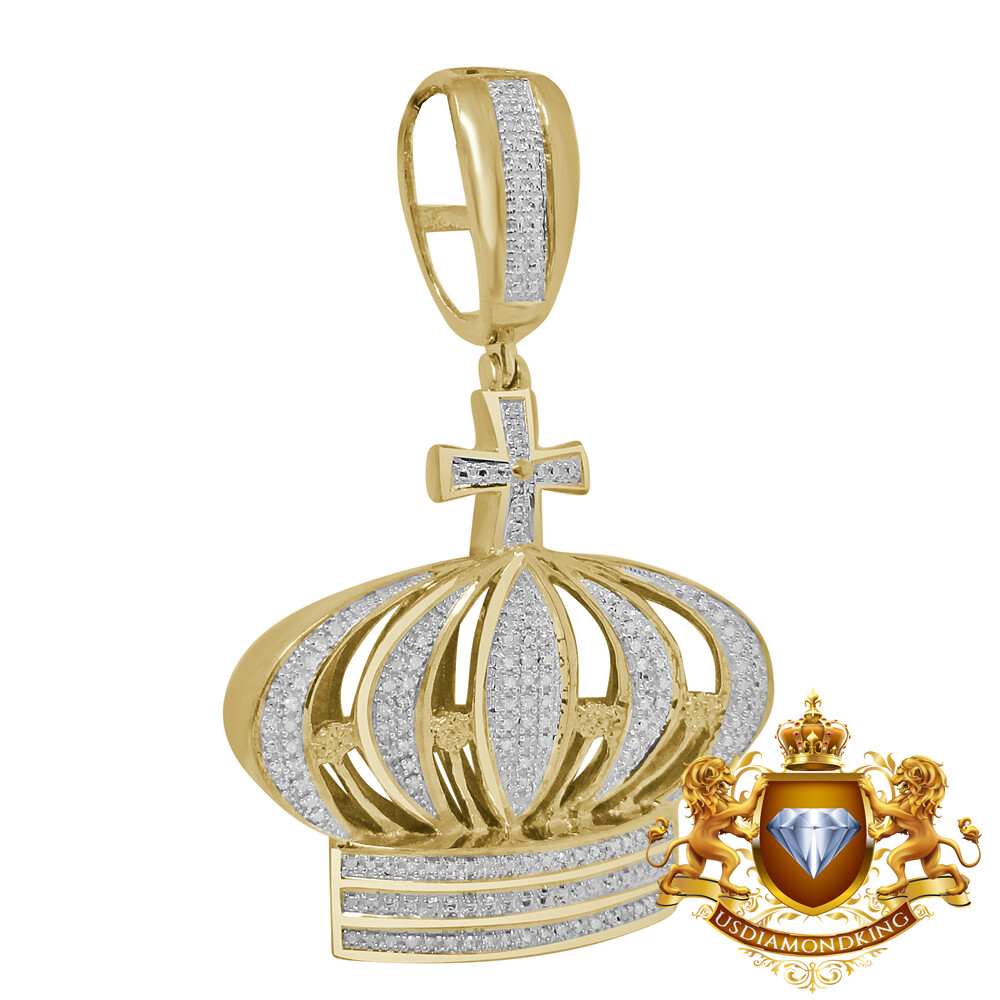 Pre-owned Us Diamond King Real Genuine Diamond Kings Crown Cross Pave Charm Pendent 10k Yellow Gold Finish