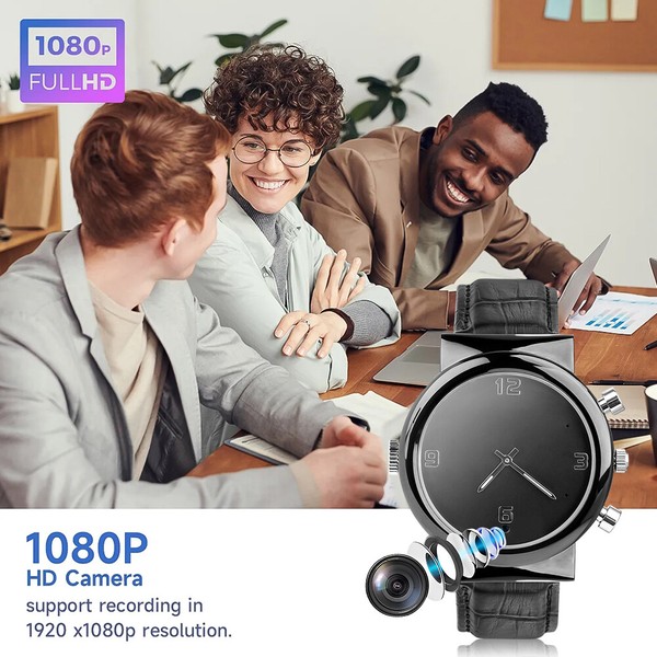 Three colleagues smiling with smartwatch camera advertisement.