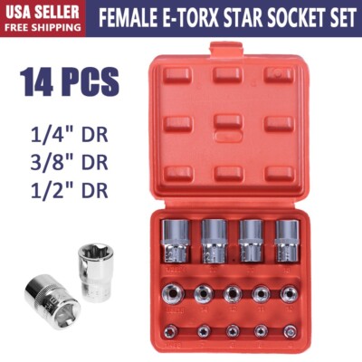 14 Pcs E Torx Star Female Bit Socket Set 1/2'' 3/8'' 1/4'' Drive E4 -E24 with Case