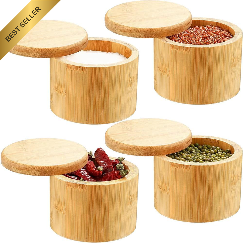 4 Pcs Bamboo Salt Storage with Magnetic, Multifunctional Kitchen Food Storage Co