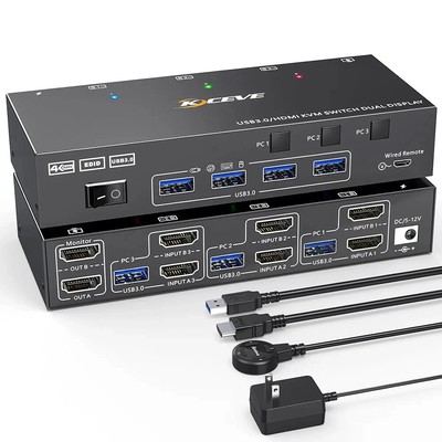 HDMI KVM Switch Dual Display 2 Monitors 3 Computers 4K@60Hz 4 USB 3.0 Ports US