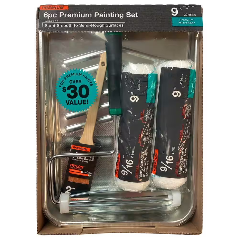 Linzer Paint Roller Kit 6 Piece 9 Inch Microfiber Covers Brush Tray Frame Liner