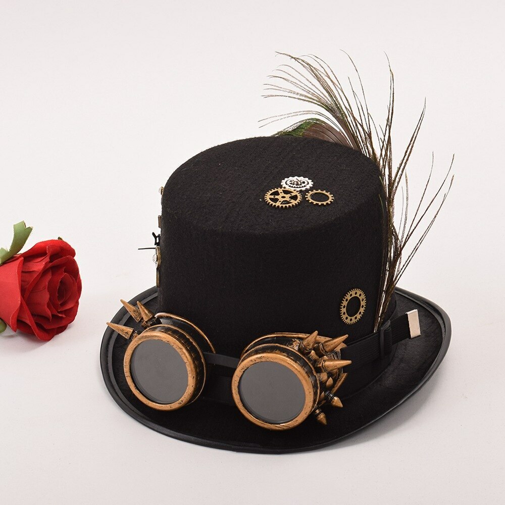 New Black Steam Punk Hats Unisex Man/Woman Goggles Feather