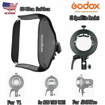 US GODOX 60*60cm Softbox Bowens+S2 Bracket Fr AD200 Pro V860II V1 AD400pro Flash